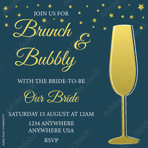 Brunch and bubbly. Bridal shower invitation with the glass of champagne and stars. 