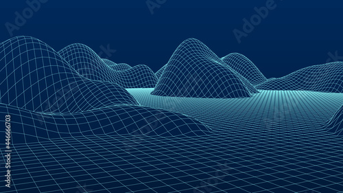 Vector landscape of mountains. Technology futuristic illustration. Vector background of wireframe 3d landscape.