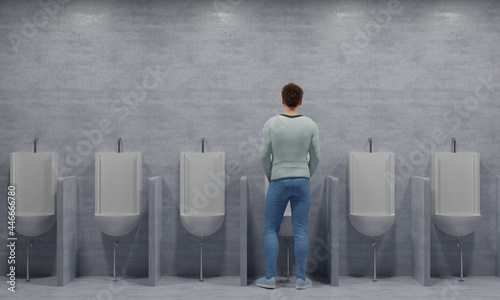 man peeing in a comfortable position Urinals in a long row 3d rendering