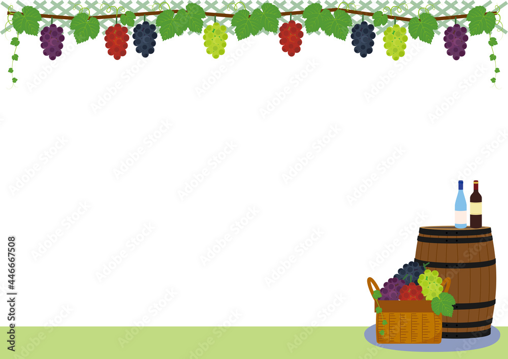 Grapevine Trellis, Wine Barrel, Bottle, Harvest Basket Background