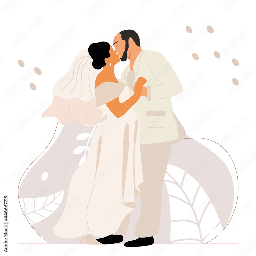 Fototapeta premium A groom in a beige tuxedo kisses his bride in a wedding dress with a hem and a long veil. Vector illustration of lovers.