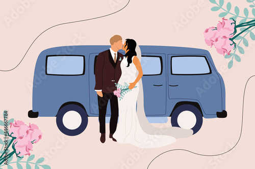 After the wedding, the newlyweds go on a honeymoon trip. Woman in wedding dress, man in tuxedo, retro blue bus