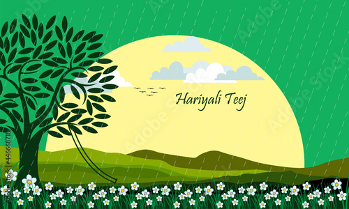 Vector Illustration of  Hariyali Teej Festival india. Empty swing on a tree, rain and mountainous background photo