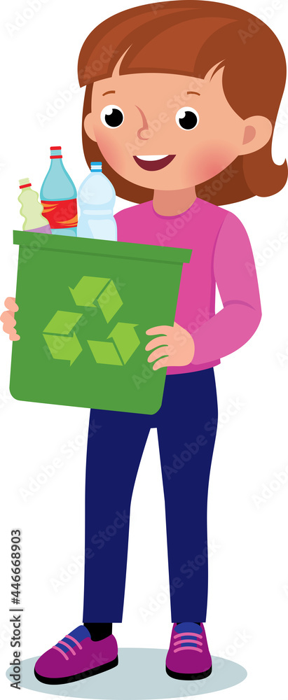 The Girl child is holding a basket for recyclable waste. Recycling plastic waste to protect the environment, vector illustration