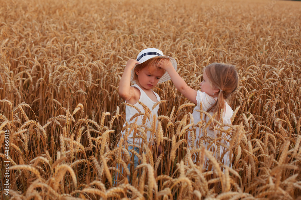 a beautiful little blonde girl holds bread in her hands in a wheat field and communicates with a beautiful little boy in a white hat a beautiful little blonde girl holds bread in her hands in a wheat field and communicates with a beautiful little boy in a white hat