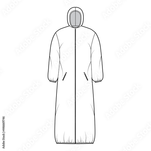 Hooded padded shell coat jacket puffer technical fashion illustration with long sleeves, maxi length, zip-up closure, boxy fit. Flat template front, white color style. Women, men unisex top CAD mockup