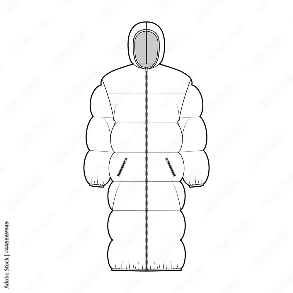 Down puffer coat jacket technical fashion illustration with long sleeves, hoody collar, oversized, knee length, wide quilting. Flat template front, white color style. Women, men, unisex top CAD mockup Down puffer coat jacket technical fashion illustration with long sleeves, hoody collar, oversized, knee length, wide quilting. Flat template front, white color style. Women, men, unisex top CAD mockup