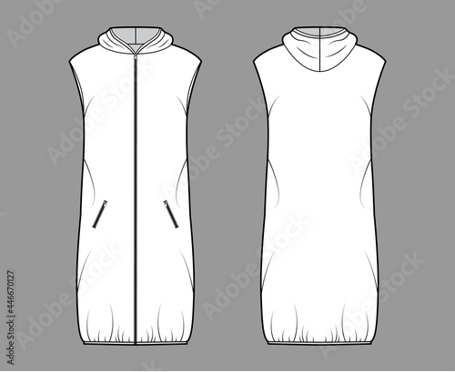 Down vest puffer waistcoat technical fashion illustration with sleeveless, hoody collar, zip-up closure, pockets, loose fit, knee length. Flat template front, back, white color style. Women, men, CAD