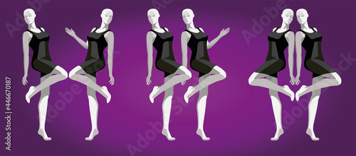 A pattern of female mannequins in a black dress.