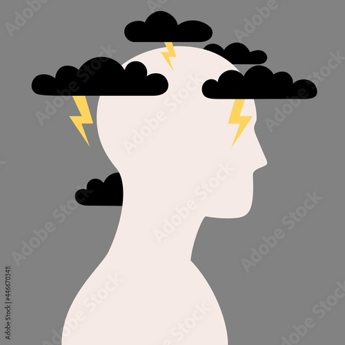 Human head with thunderstorm and lightning clouds. The concept of psychological stress, oppressive mood, mental disorder. Vector illustration