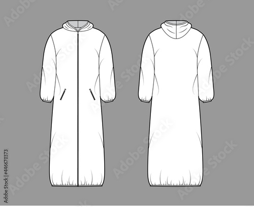 Hooded padded shell coat jacket puffer technical fashion illustration with long sleeves, maxi length, zip-up closure, boxy fit. Flat template front, back, white color style. Women, men top CAD mockup