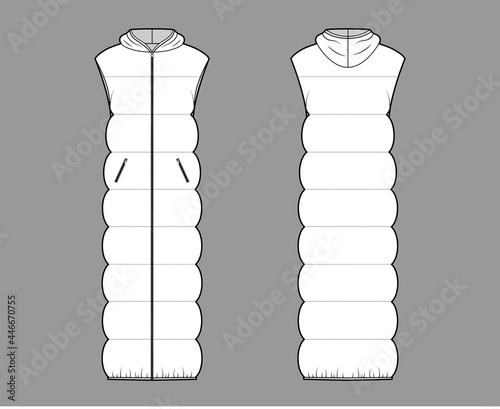 Down vest puffer waistcoat technical fashion illustration with sleeveless, hoody collar, zip-up closure, pockets, maxi length, wide quilting. Flat template front, back, white color style. Women, men
