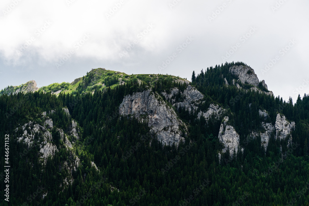 Fototapeta premium Beautiful landscape of the Bucegi Mountains taken from the Bolboci dam. Romania.