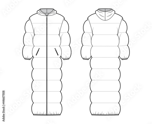 Hooded puffer quilted shell down coat jacket technical fashion illustration with long sleeves, zip-up closure, pockets. Flat template front, back, white color style. Women, men, unisex top CAD mockup