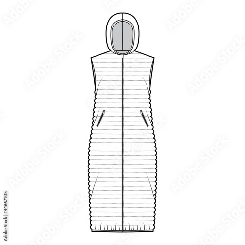 Down vest puffer waistcoat technical fashion illustration with hoody collar, zip-up closure, pockets, loose body, midi, narrow quilting. Flat template front, white color. Women, men, unisex CAD mockup
