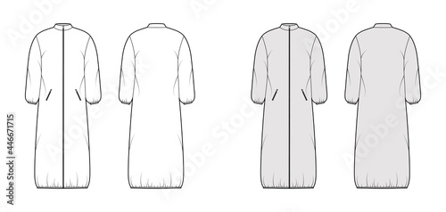 Jacket padded shell coat puffer technical fashion illustration with long sleeve, stand collar, maxi length, boxy fit. Flat template front, back, white, grey color style. Women, men, unisex top mockup