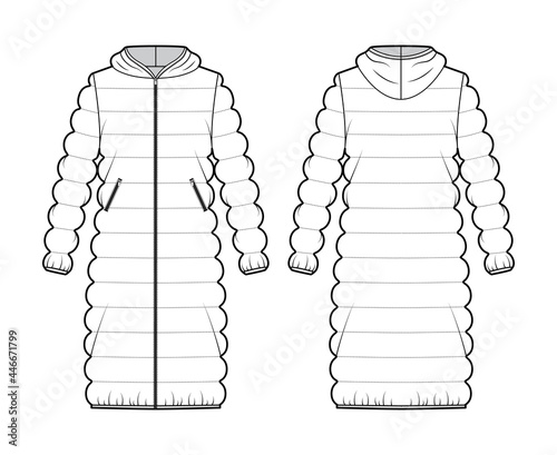 Hooded quilted shell down coat jacket puffer technical fashion illustration with long sleeve, knee length, oversized. Flat template front, back, white color style. Women, men, unisex top CAD mockup