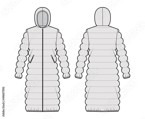 Hooded quilted shell down coat jacket puffer technical fashion illustration with long sleeve, knee length, oversized. Flat template front, back, grey color style. Women, men, unisex top CAD mockup