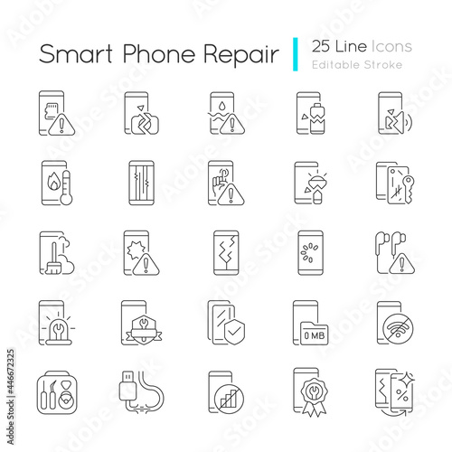 Smartphone repair linear icons set. Mobile phone renovate. Different type device problems. Customizable thin line contour symbols. Isolated vector outline illustrations. Editable stroke photo