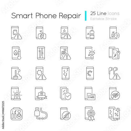 Smartphone repair linear icons set. Mobile phone renovate. Different type device problems. Customizable thin line contour symbols. Isolated vector outline illustrations. Editable stroke
