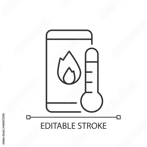 Phone overheating linear icon. Overheated phone. Mobile phone with fire on screen and thermometer. Thin line customizable illustration. Contour symbol. Vector isolated outline drawing. Editable stroke