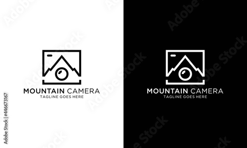 Outdoor Nature Photography Photographer logo. Mountain Landscape with Focus Square Lens Frame for Adventure Outdoor Nature Photographer icon vector design template