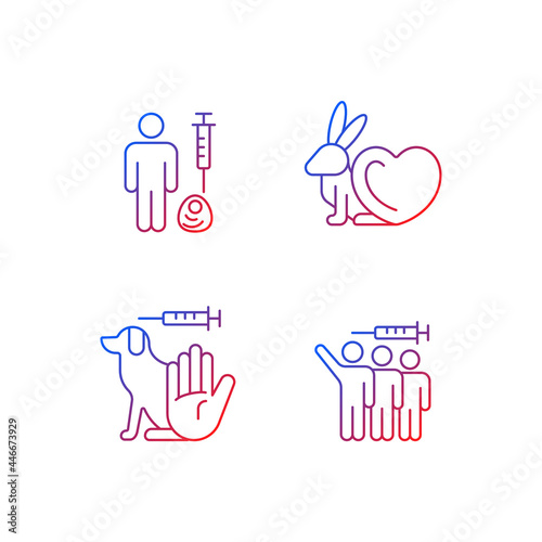 No animal experiments gradient linear vector icons set. Alternative for pet experimentations in laboratory. Thin line contour symbols bundle. Isolated vector outline illustrations collection