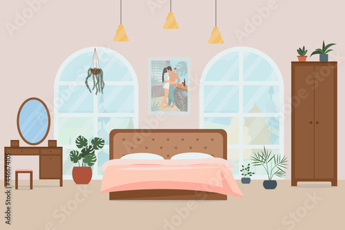 Cozy bedroom interior. Vector illustration in a flat style.
