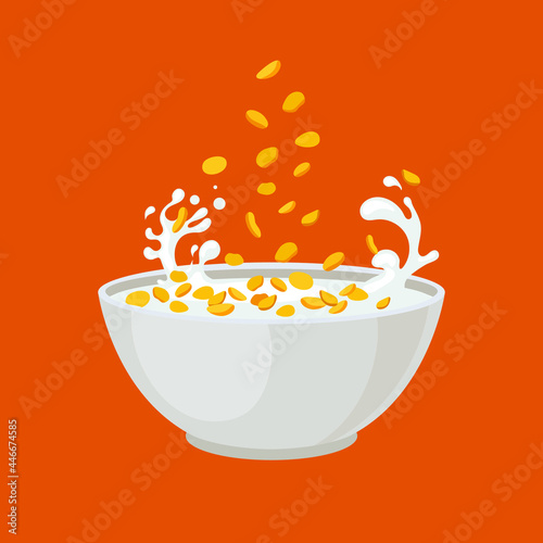 Vector Corn Flakes Cartoon Illustration, Bowl with Corn Flakes and Falling Flakes on Bright Orange Background.
