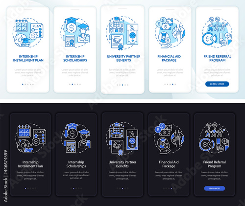 Internship financing onboarding mobile app page screen. Installment pay walkthrough 5 steps graphic instructions with concepts. UI, UX, GUI vector template with linear night and day mode illustrations