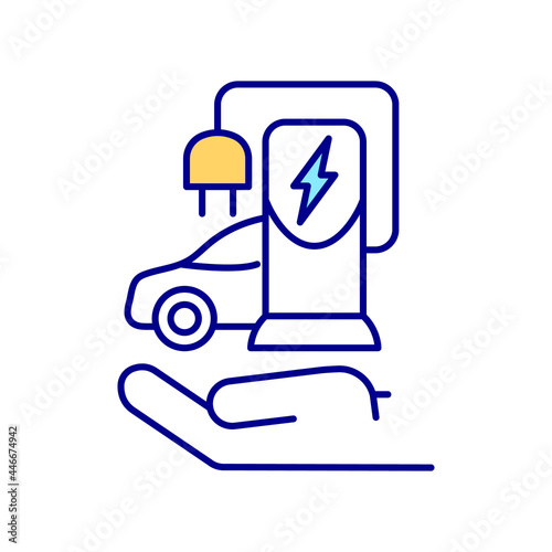 Electric vehicle charging station RGB color icon. EV governmental support. Technological evolution. Green car demand and distribution. Isolated vector illustration. Simple filled line drawing