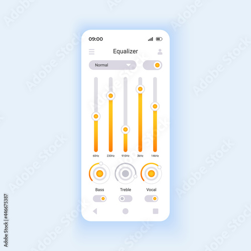 Audio files editor smartphone interface vector template. Using equalizer. Mobile app page design layout. Increasing audio volume. Adding sound effects screen. Flat UI for application. Phone display