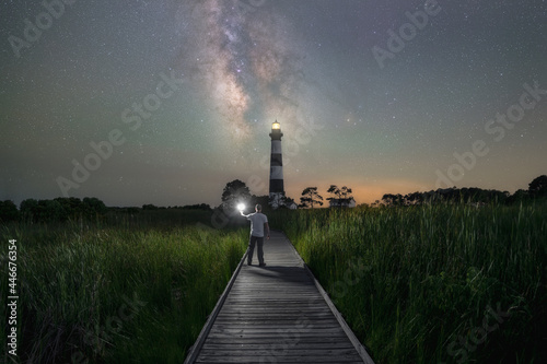 A man walking on a pathway towards Bodie Island Lighthouse and the Milky Way Galaxy 