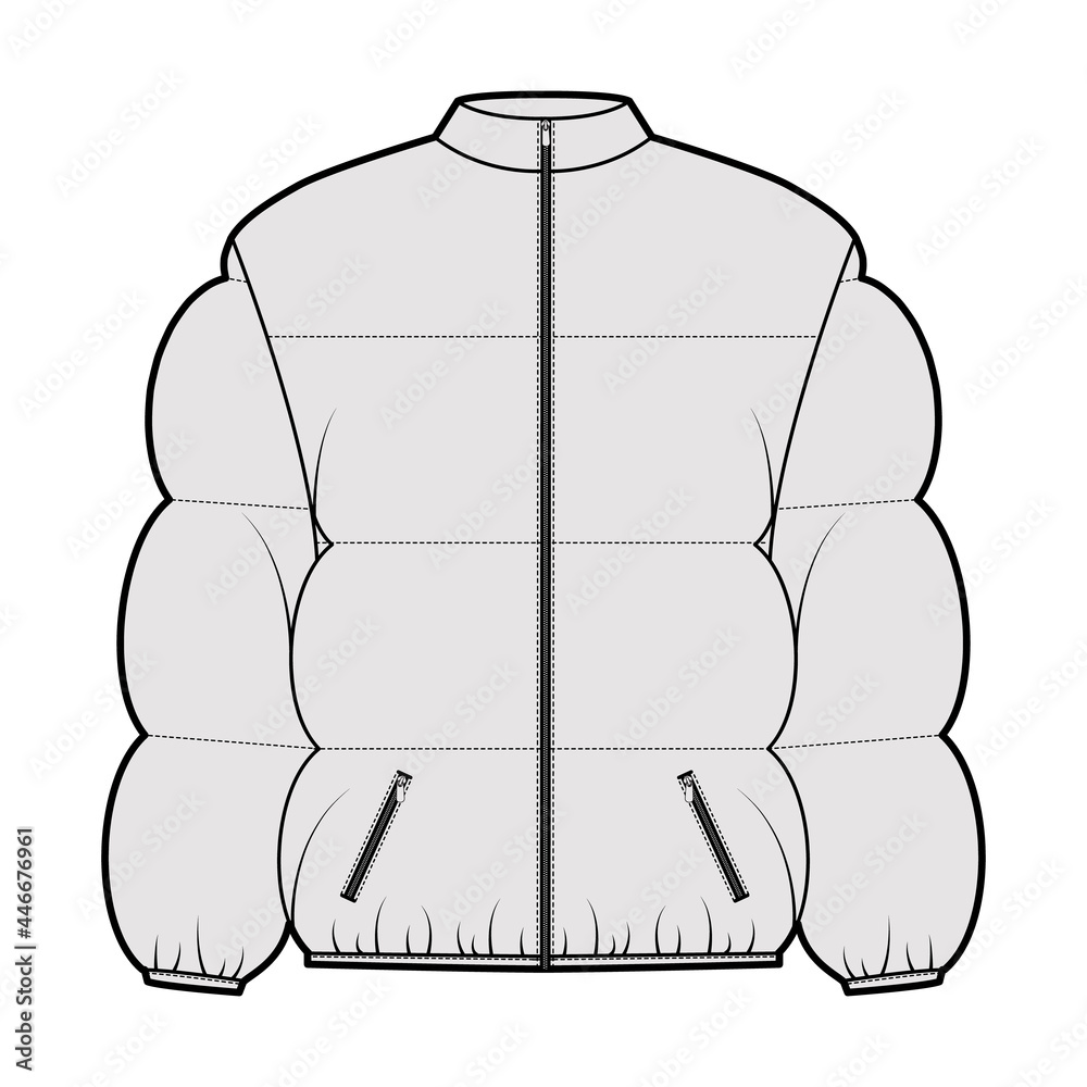 Down puffer coat jacket technical fashion illustration with stand collar, zip-up closure, pockets, boxy fit, hip length, wide quilting. Flat template front, grey color. Women men unisex top CAD mockup Down puffer coat jacket technical fashion illustration with stand collar, zip-up closure, pockets, boxy fit, hip length, wide quilting. Flat template front, grey color. Women men unisex top CAD mockup