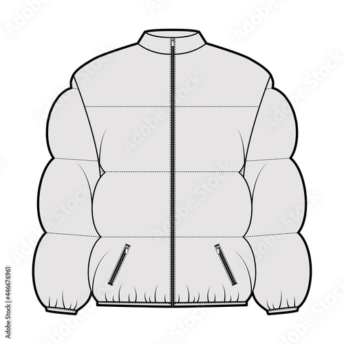 Down puffer coat jacket technical fashion illustration with stand collar, zip-up closure, pockets, boxy fit, hip length, wide quilting. Flat template front, grey color. Women men unisex top CAD mockup