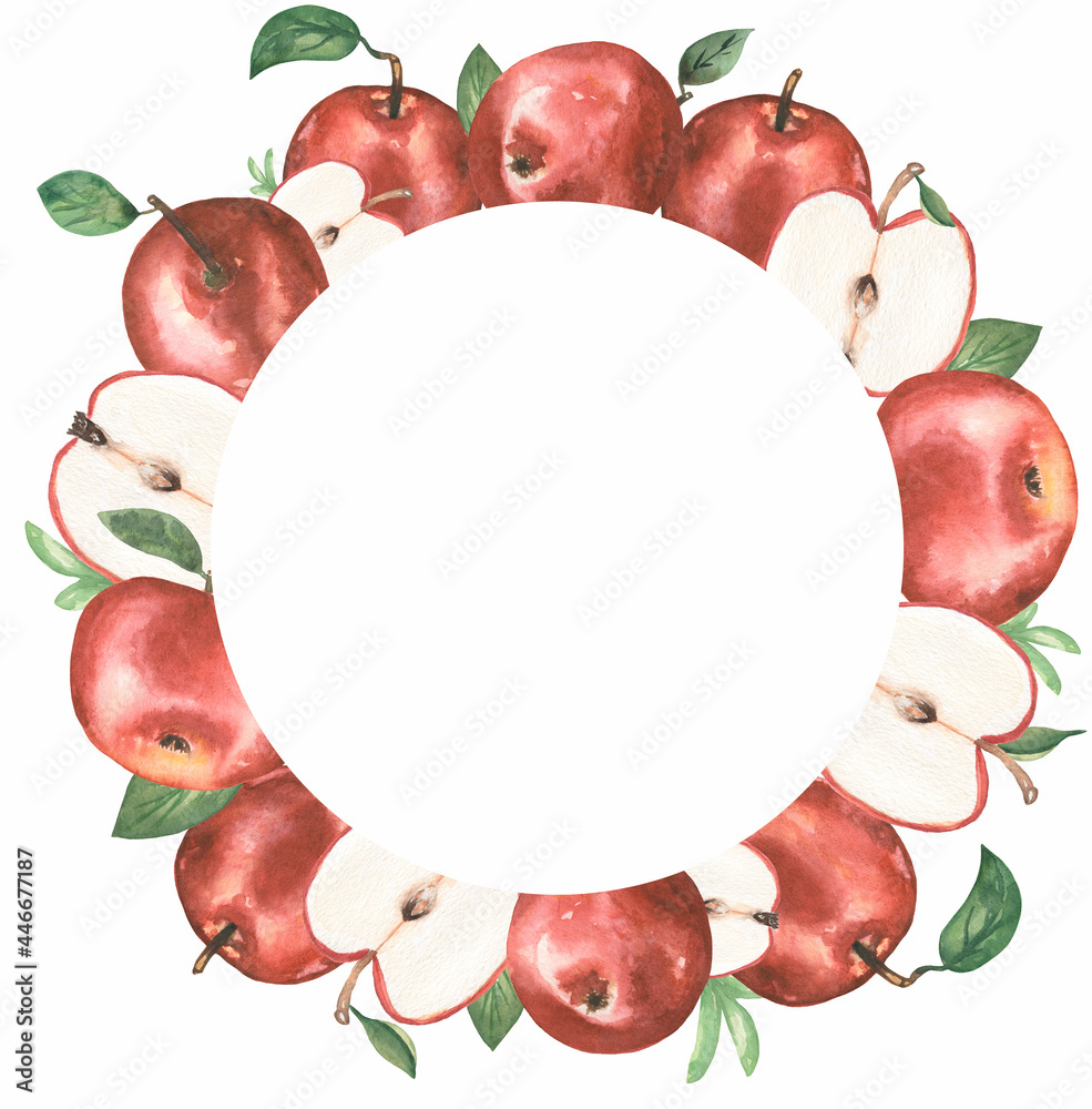 Apple Clipart, Watercolor Red Apple wreath, Organic botanical fruit