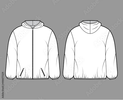 Puffer coat jacket technical fashion illustration with long sleeves, hoody collar, zip-up closure, pockets, boxy fit, hip length. Flat template front, back, white color style. Women men unisex top CAD