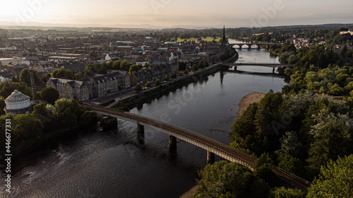 Perth, Scotland bridges including St Mathew's Church spire and the River Tay. Tay Street, Perthshire.