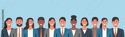 character of male, female in business office uniforms in a row together, group of businessman and businesswoman cartoon vector flat illustration
