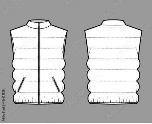 Down vest puffer waistcoat technical fashion illustration with stand collar, zip-up closure, pockets, oversized, classic quilting. Flat template front, back, grey color. Women, men, unisex CAD mockup