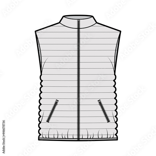 Down vest puffer waistcoat technical fashion illustration with stand collar, pockets, loose fit, hip length, narrow quilting. Flat template front, grey color style. Women, men, unisex top CAD mockup