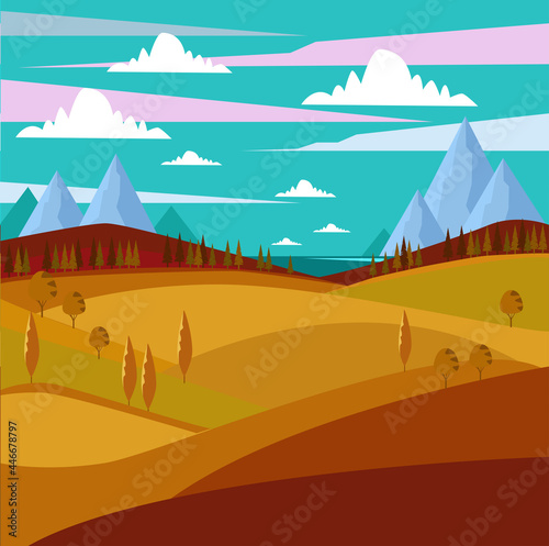 Autumn landscape. Fields, mountains, trees, a pond. An illustration in an orange, autumn color scheme.