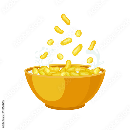 Vector Corn Sticks Falling Into Bright Orange Bowl, Breakfast Illustration Isolated on White Background. photo