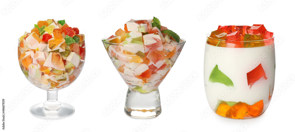 Delicious broken glass jelly dessert on white background, collage. Banner design Delicious broken glass jelly dessert on white background, collage. Banner design