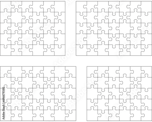 Illustration of four white puzzles, separate parts	