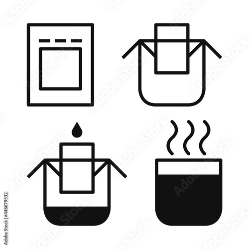 Drip bag coffee icons set. Hanging ear drip coffee filter paper bag brewing instruction. Step by step cooking vector illustrations isolated