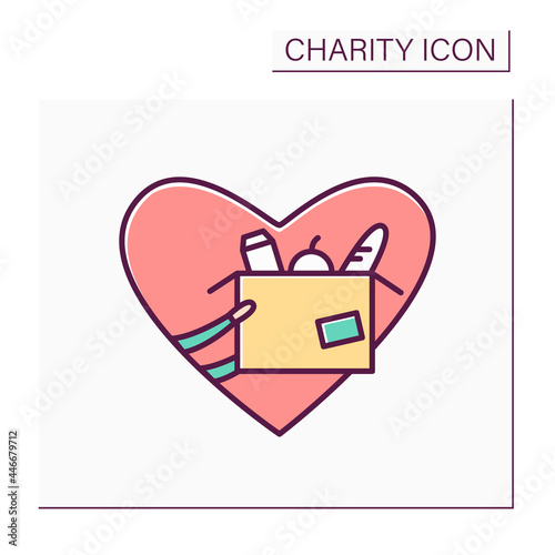 Food bank color icon. Provision for peoples in need. Humanitarian assistance. Time to donate. Food donations. Volunteering and charity concept. Isolated vector illustration
