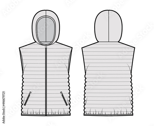 Down vest puffer waistcoat technical fashion illustration with sleeveless, hoody collar, zip-up closure, narrow quilting. Flat template front, back, grey color style. Women, men, unisex top CAD mockup