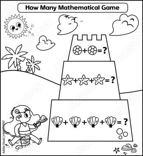 Girl on the beach. Black and white counting learning worksheet in beach and Summer theme. Vector illustration.