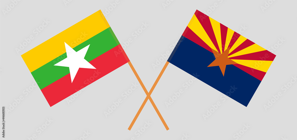 Crossed flags of the State of Arizona and Myanmar. Official colors. Correct proportion Crossed flags of the State of Arizona and Myanmar. Official colors. Correct proportion